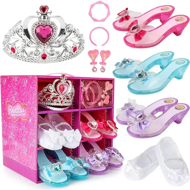 Princess Set of Decorating Shoes Girl's Shoes Playing Role Playing Toys Heroes Set of Jewelry Gift Set Set of 4 pairs of shoes Collection of crown earrings and bracelets Tiara for girls aged 3-6 years