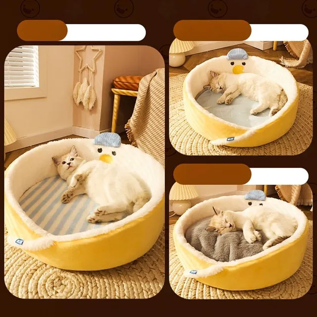 Round cuddly soft bed for cats and dogs with cute motif