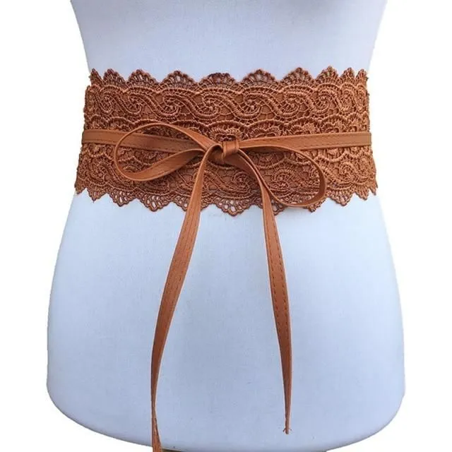 Ladies lace belt with bow camel