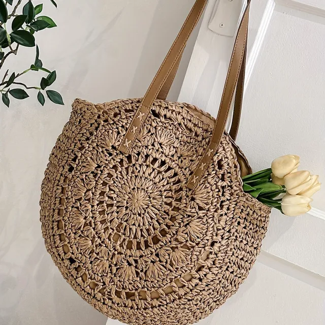 Straw knit casual bag - round shape with double ear, literary beach bag