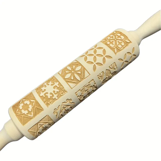 1pc, Embossed dough roller made of wood, pattern square flowers