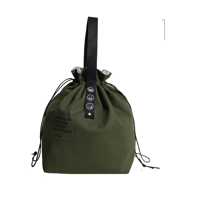 Isolated lunch bag with wide opening and drawstring in three colors