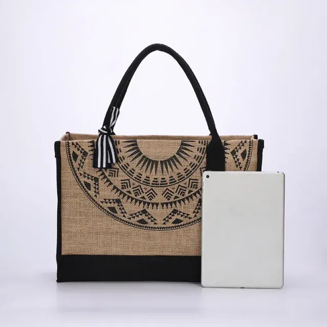 Stylová retro nákupní taška z jutoviny s velkou kapacitou a etnickým motivem - praktický a módní doplněk pro ženy