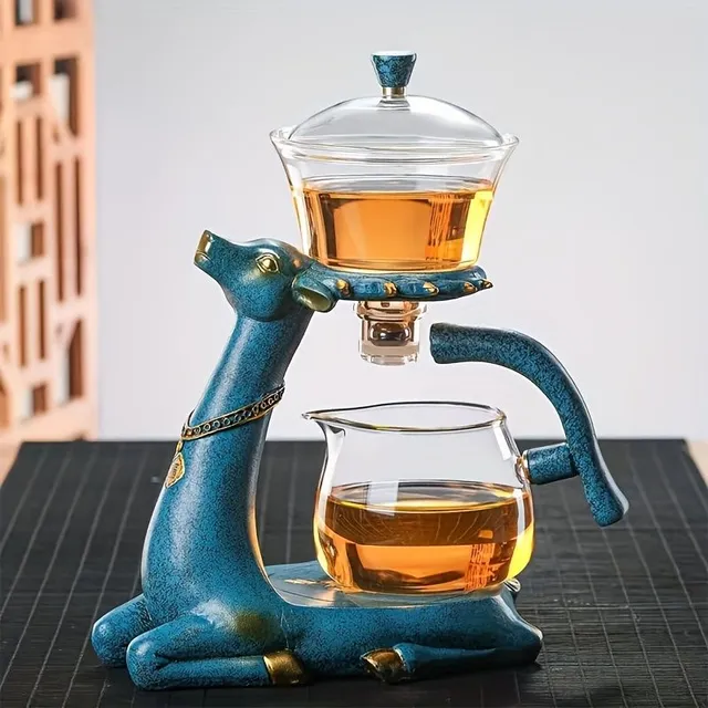 Rotary teapot with deer motif and automatic drip, set for flowering tea