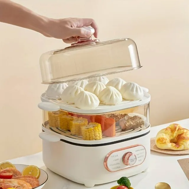 Electric steam pot with two levels, visualization lids and stackable baskets, multifunction 9.5 l, with automatic shutdown function