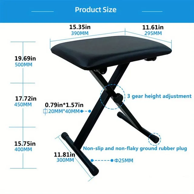 Adjustable and folding piano stool with soft padding - for comfortable playing