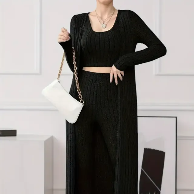 Women's 3-piece ribbed set: shortened top, cardigan with long sleeve and trousers with high waist