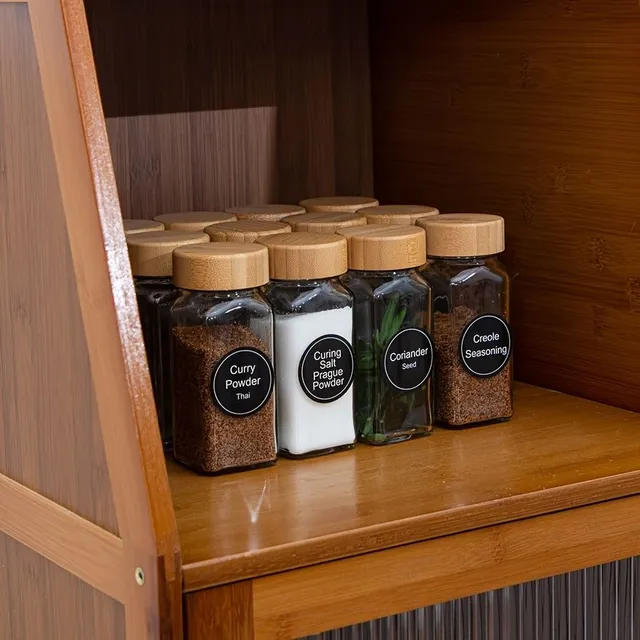 Spice bottles with labels, tempered glass with airtight bamboo lid, funnel for easy refilling and filling cap - Kitchen organization