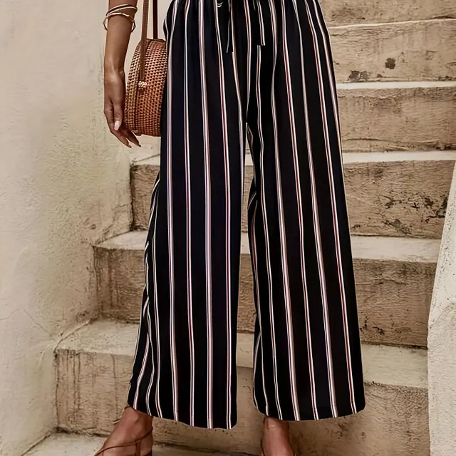 Lazy trousers with high waist, wide pants and stripes, with cord in the waist