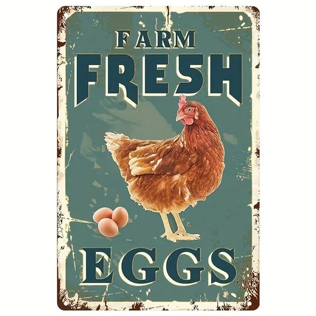 Antique tin sign with a henhouse motif for decoration of farm and yard, tin sign for home kitchen and outdoor decoration
