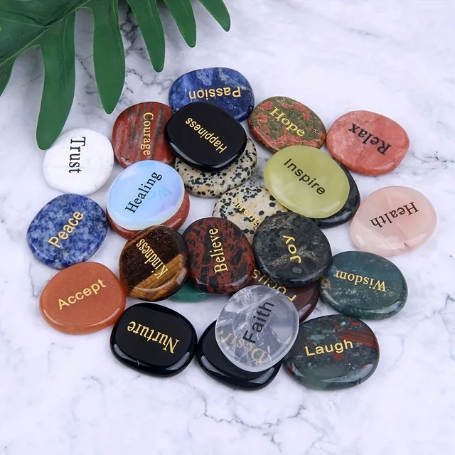 Natural engraved inspirational words Trouble Stone, Natural mixed color stone, (25pcs/set with different English words), Ideal choice for gifts
