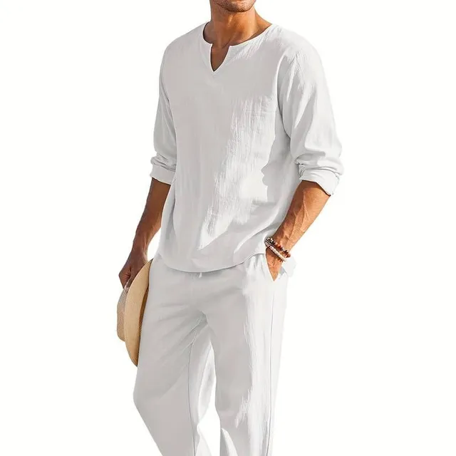 Pánska dvojdielna súprava z bavlny a ľanu - ležérna košeľa s výstrihom do V a nohavice so šnúrkou na leto a jeseň