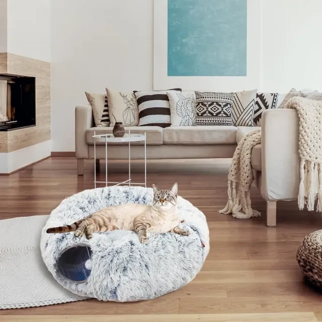 Round folding bed with playing tunnel for cats in grey color