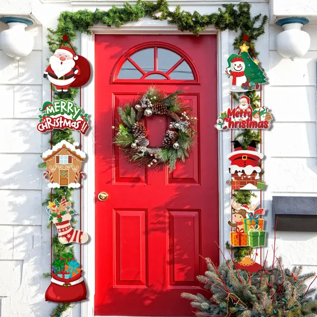 Christmas hanging banner for doors with Santa and snowman for holiday decorations