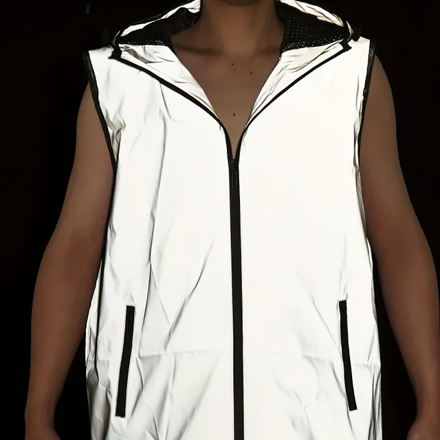 Male reflective vest with hood and zipper without sleeves with zipper pockets