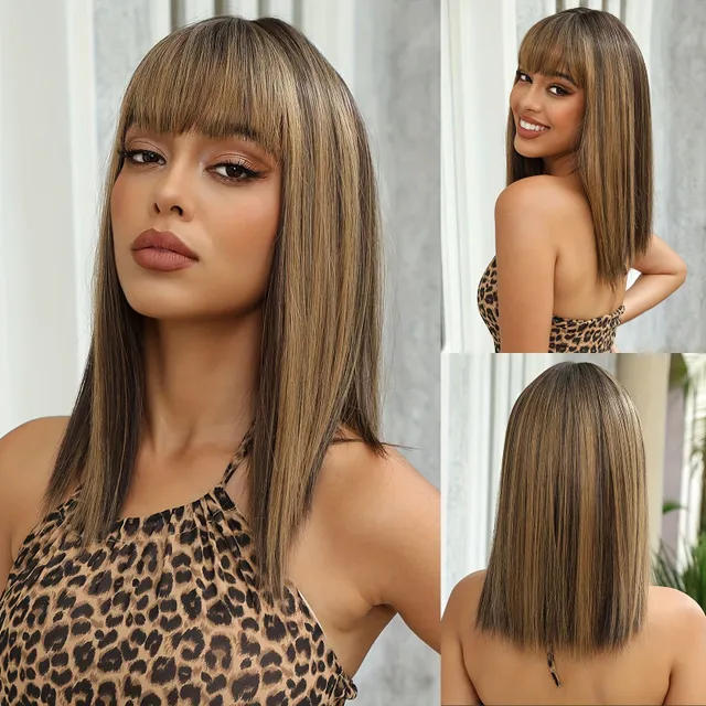 Long straight wigs - dark brown hair with bangs - wigs for women for everyday use - synthetic hair resistant heat