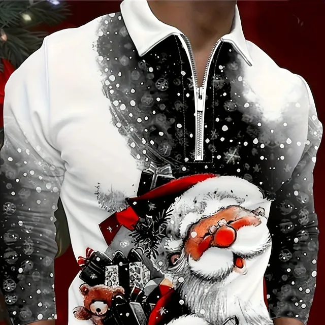 Men's colored shirt with long sleeve and zipper, with the motif of cute Christmas Santa Claus - perfect for spring and autumn