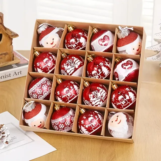 Set of beautiful Christmas ornaments in the shape of a ball with colourful decorations - 16 pcs