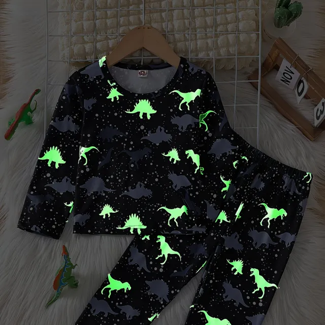 Dětské 2-dílné trendy pyžamo pro chlapce s motivem svítících dinosaurů, kulatým výstřihem a dlouhým rukávem