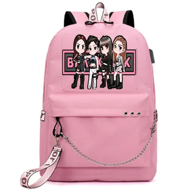 Mochila escolar con cadena en el bolsillo inferior - Blackpink