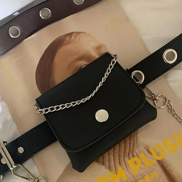 Černá E Dívka Pu kožený pásek + malý řetězová taška na opasek