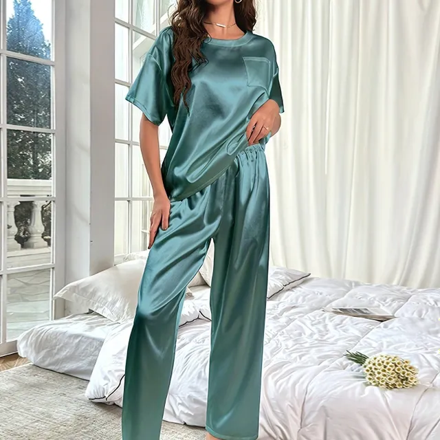 Pyjama en satin pour femme, ensemble à manches courtes et pantalons longs