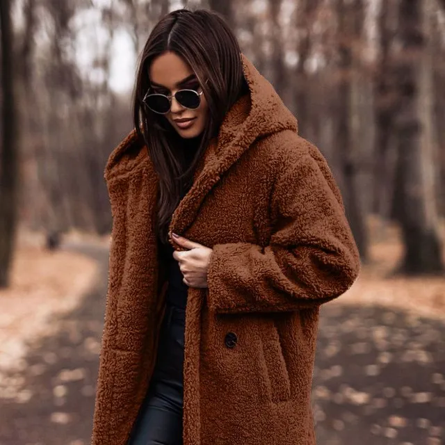 Fashion long pure color wool ladies long sleeve coat reddish-brown m