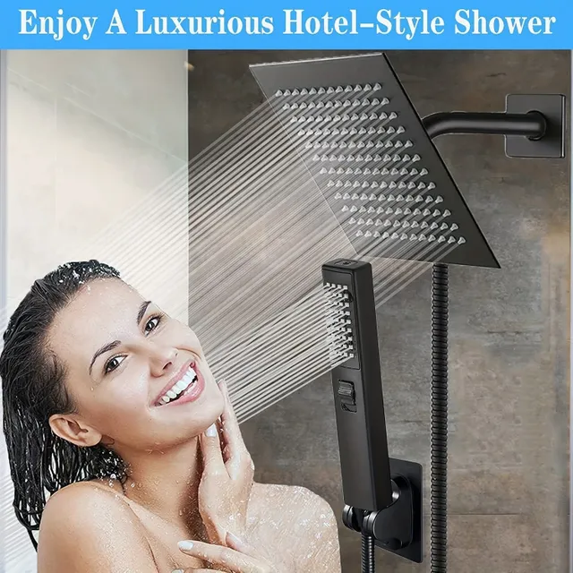 Luxusní sprchový set s XXL hlavicí 6 funkcí a ruční sprchou, extra dlouhá hadice (78 cm), 3cestný přepínač a samolepicí držák