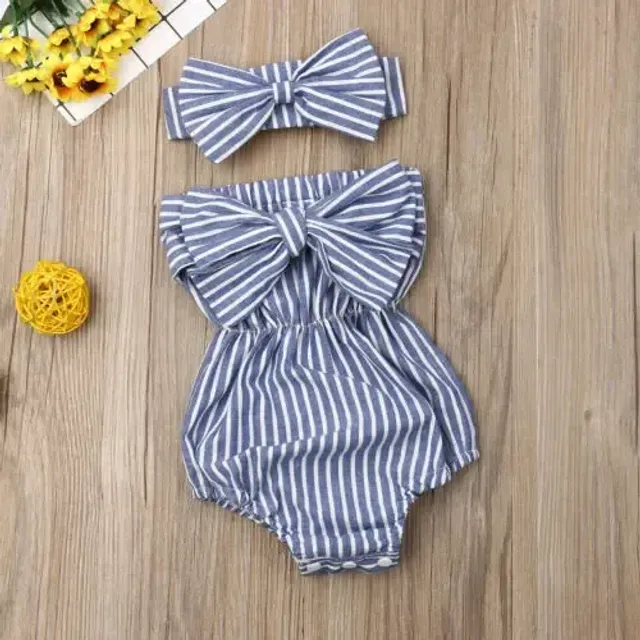 Children's overall with bow and stripe pattern + headband