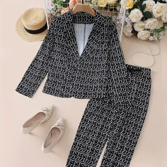 Women's two-piece set with printing, open jacket with long sleeve and trousers with drawstring