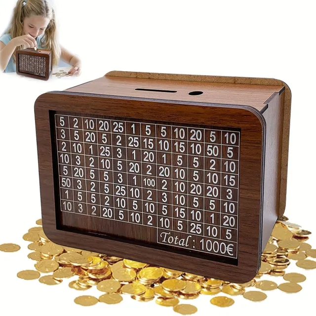 Wooden money box for banknotes and coins with a ticking area with coin amounts