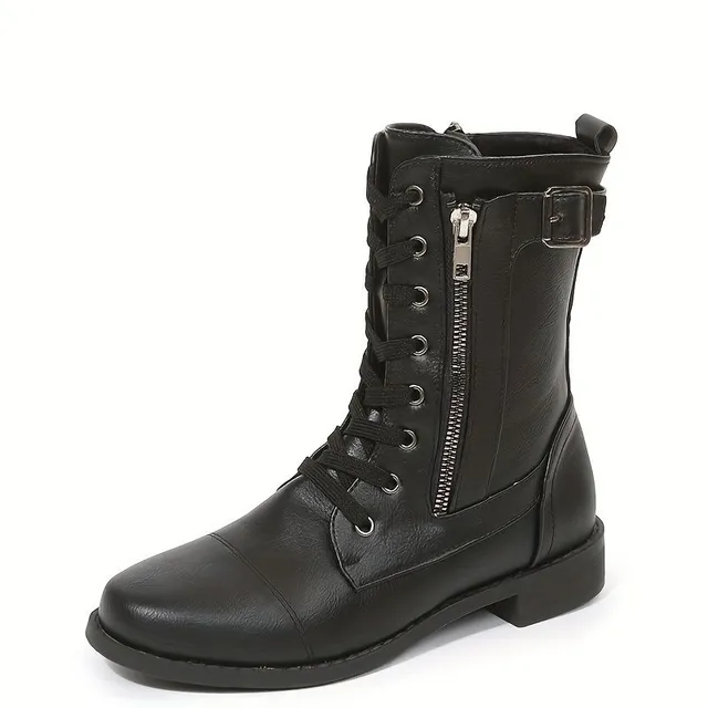 Bottes de moto pour femme à bout rond et fermeture éclair latérale - Bottes mi-hautes stylées, à lacets et antidérapantes pour l'automne et l'hiver