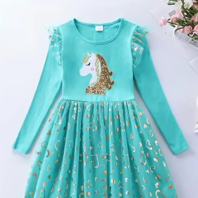 Children's princess dress with unicorn, long sleeve, sequins and tulle skirt in autumn, birthday, party or wedding