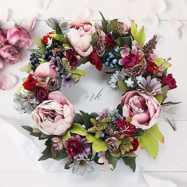 1pc 14in Peon wreath Spring Wreath, Spring Wreath On Front Door, Color Red Peon wreath Valentine's Wreath Suitable For Interior I Exterior, Home Office On Wall Festive Peon wreath Decorate Valentine's Wreath