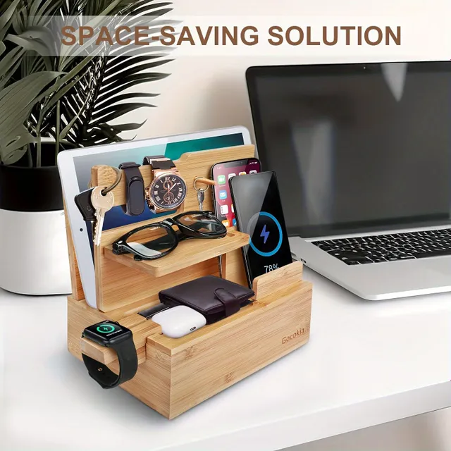 Bamboo Electronic Accessories Storage Box Charging Doc For Mobile Phone Holder for Storage To Office Holder On Bed