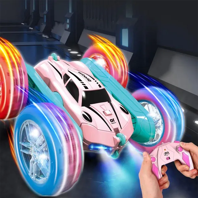 Remotely controlled stunt car with illuminated wheels, swing arm, double-sided roll and transformer 2.4 Ghz