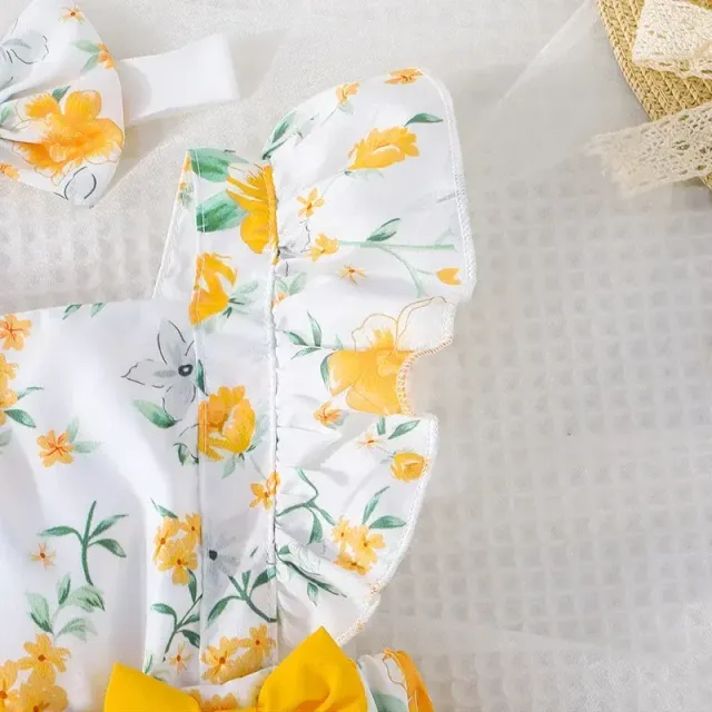 Baby dress for newborns with butterfly sleeves and yellow flower pattern