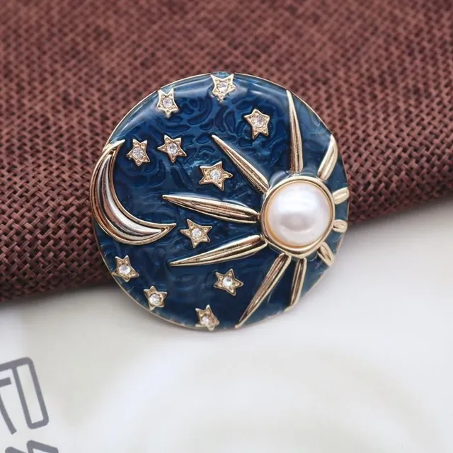 Retro Milky Way Stars and Moon Helios Badge Round Oil Drop Diamond Pearl Brooch