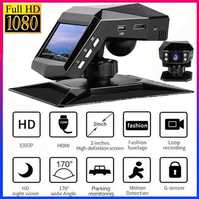 Full HD car camera with LCD display on centre panel, wide-angle 170°, night vision and parking monitor.