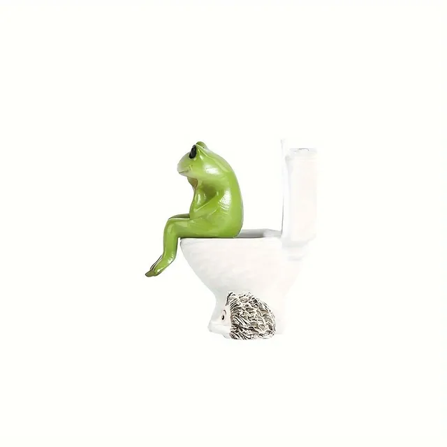 A whimsical frog statue in a resin toilet