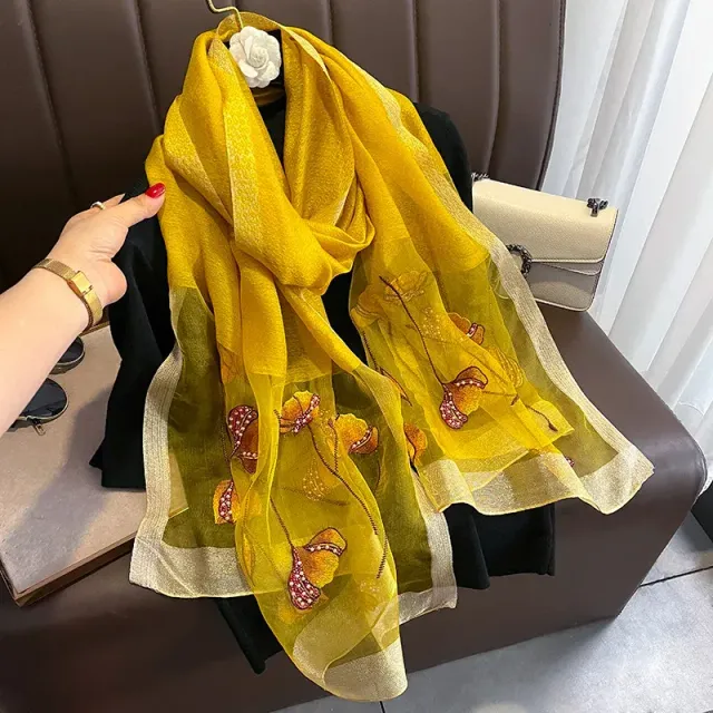 Hedvábný šátek pro ženy ve velikosti 70x190 cm s ručním vyšíváním a s květinovým potiskem