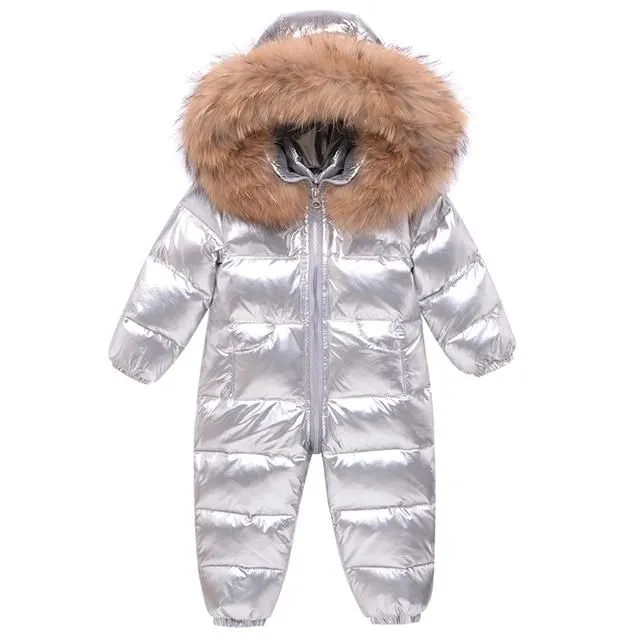 Children's warm winter jumpsuit with faux fur around the hood