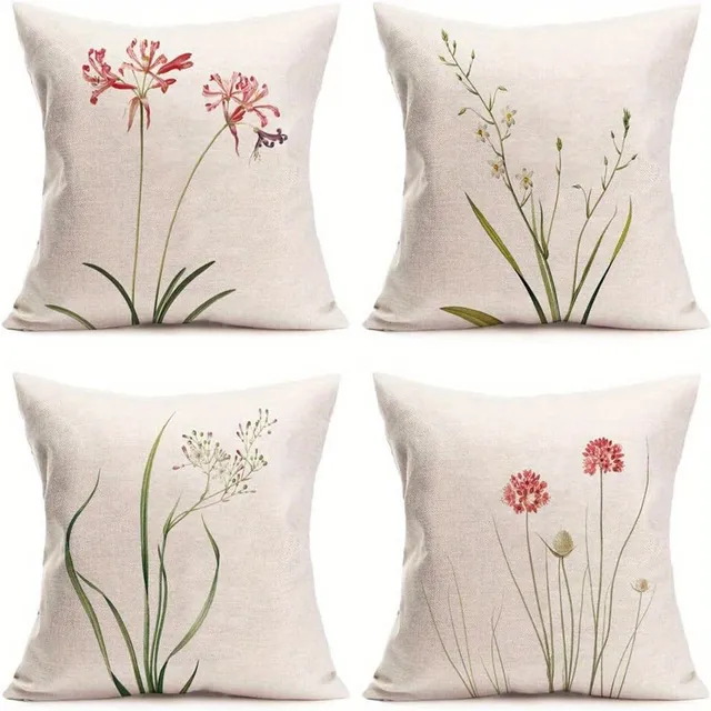 Set of 4 pillowcases made of linen - Flower and botanical designs, zipper, washable, ideal for sofas, beds and home decorations