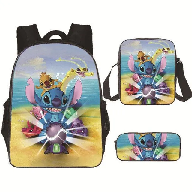 Set pentru copii cu 3 piese școlare cu motivele personajelor animate preferate Lilo și Stitch Rucsac / Geantă peste umăr / Penar