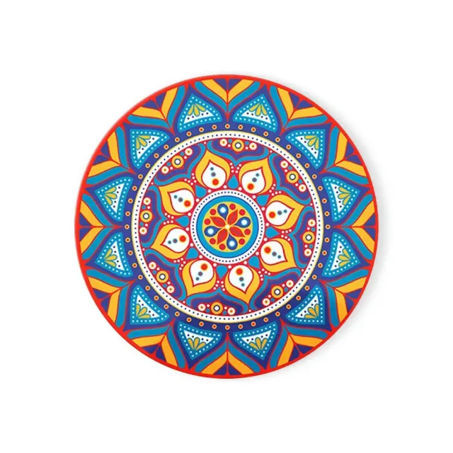 Enamel coaster with mandala pattern and cork base