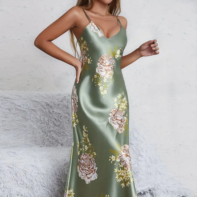 Nightgown with floral printing, sexy V-neck, exposed back and spaghetti straps