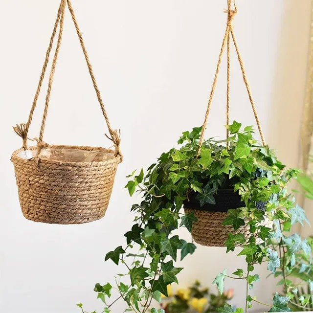Basket for hanging pot made of woven jute rope