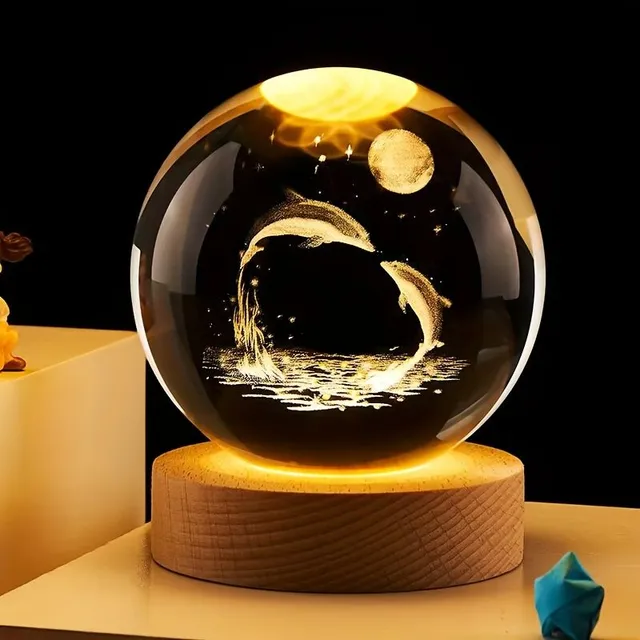 Crystal ball with 3D dolphin and moon - night light for birthday presents, wedding or Eid al-Adha