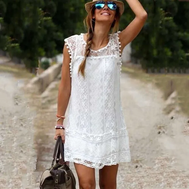 Women's Boho sheer lace white dress