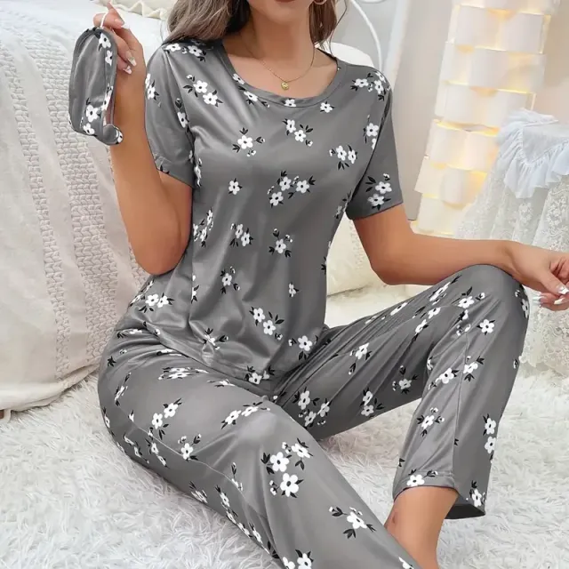 Women's loose pajamas with floral printing, short sleeve and pants - Sleeping and relaxation kit